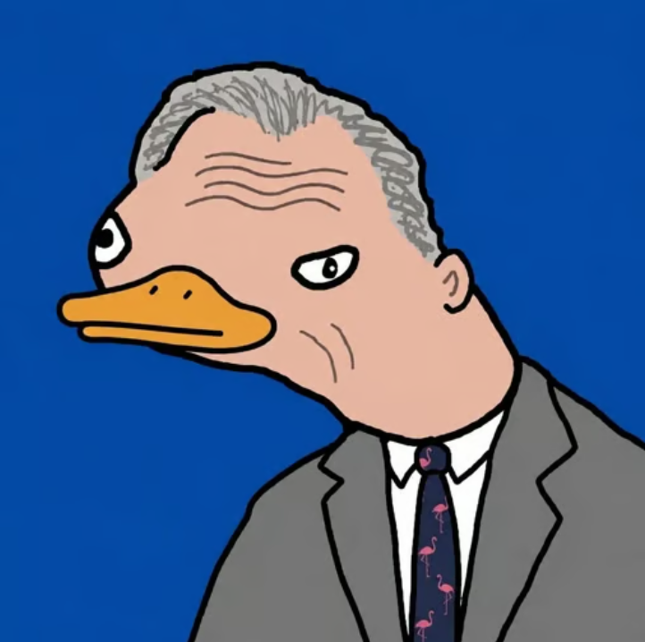 Cartoon duck-headed portrait in a grey suit and navy flamingo tie, on a blue background